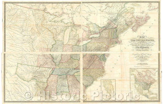 Historic Map - Map of the United States and the Provinces of Upper & Lower Canada, New Brunswick, and Nova Scotia, 1827, John & Alexander Walker - Vintage Wall Art