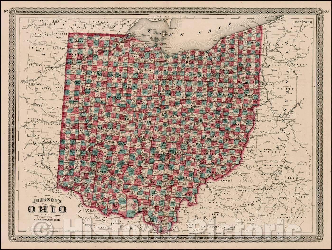 Historic Map - Johnson's Ohio, 1866, Alvin Jewett Johnson - Vintage Wall Art