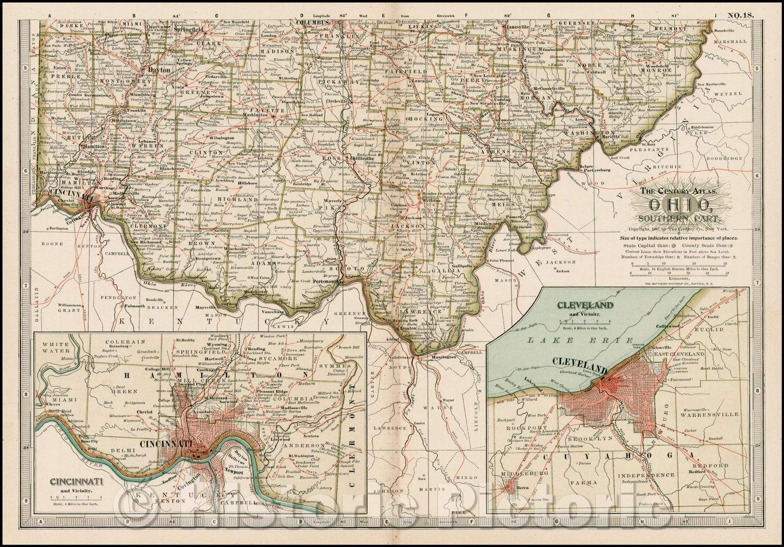Historic Map - Ohio, Southern Part, 1897, The Century Company - Vintage Wall Art