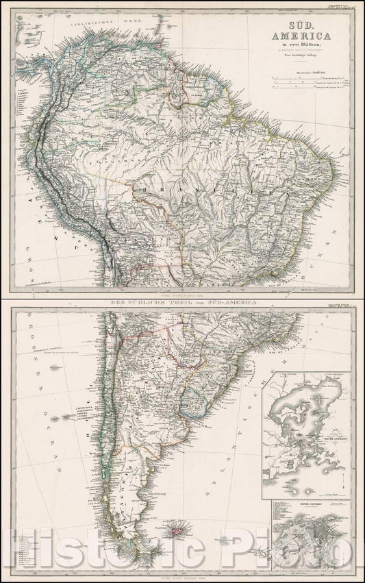 Historic Map - Sud-America in zwei Blattern/Sud-America in two smallpox ?, 1870, Adolf Stieler - Vintage Wall Art