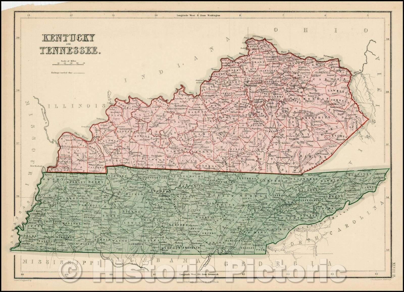 Historic Map - Kentucky and Tennessee, 1854, Adam & Charles Black - Vintage Wall Art