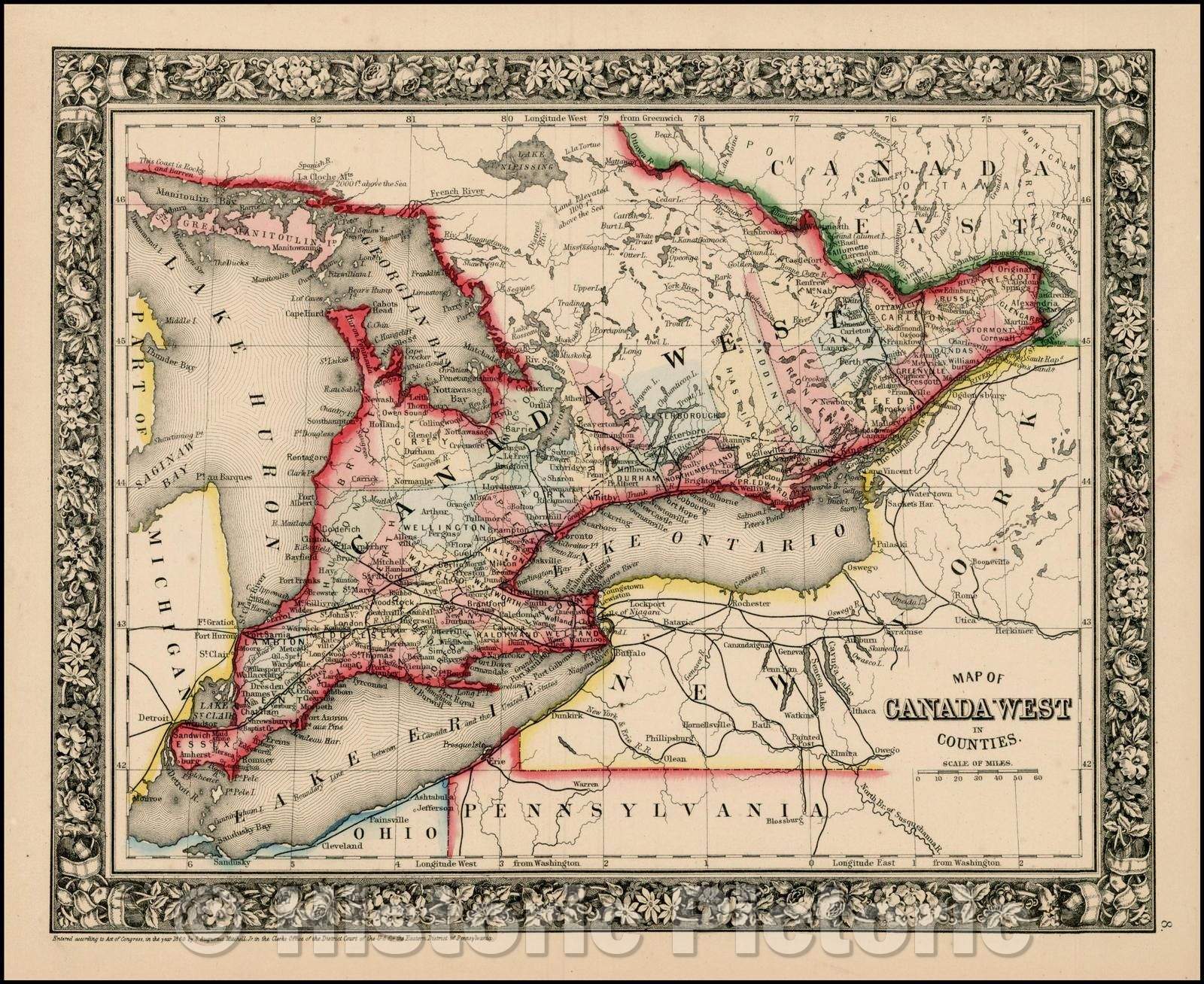 Historic Map - Map Of Canada West In Counties, 1864, Samuel Augustus Mitchell Jr. - Vintage Wall Art