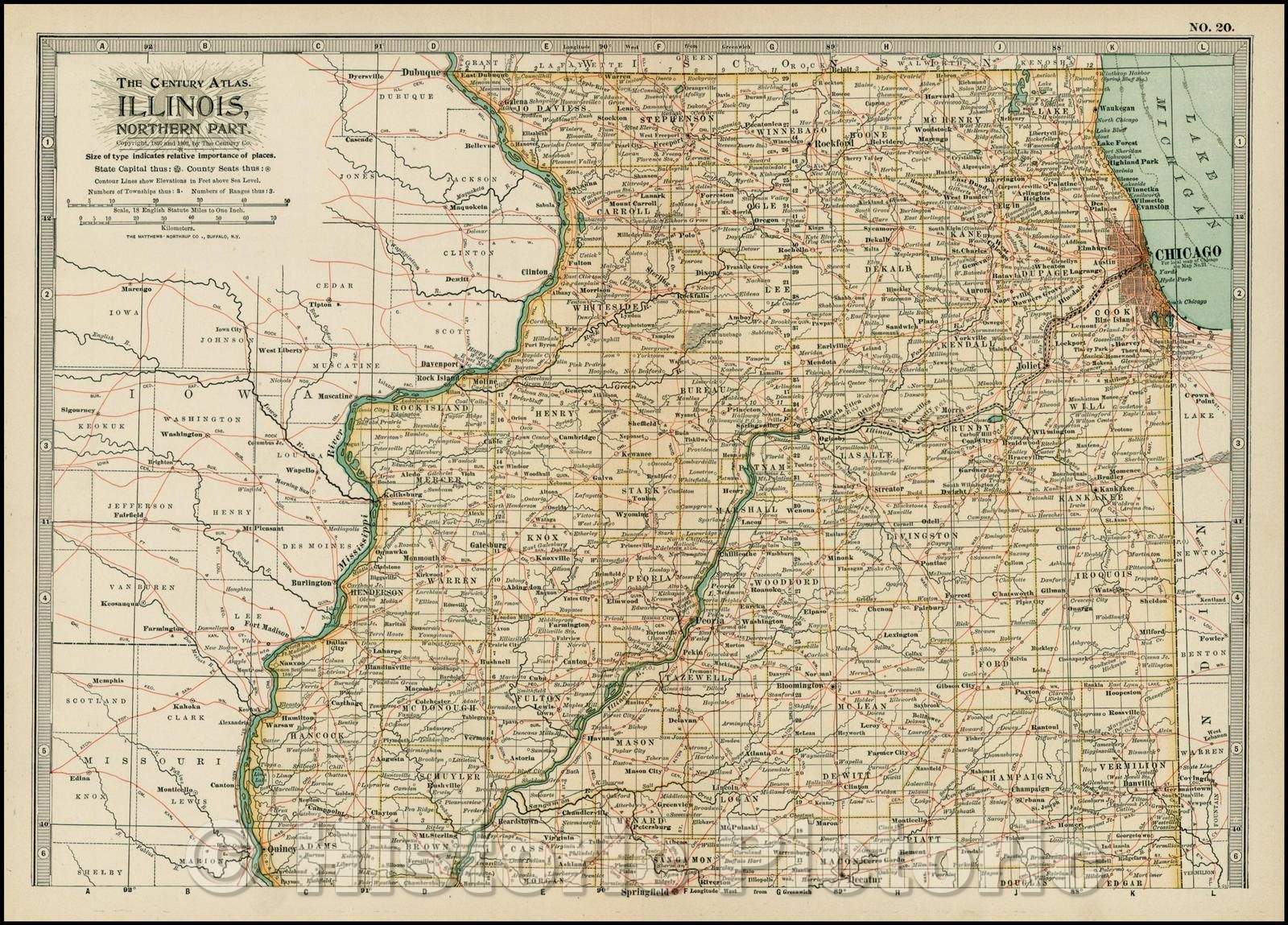Historic Map - Illinois, Northern Part, 1897, The Century Company - Vintage Wall Art