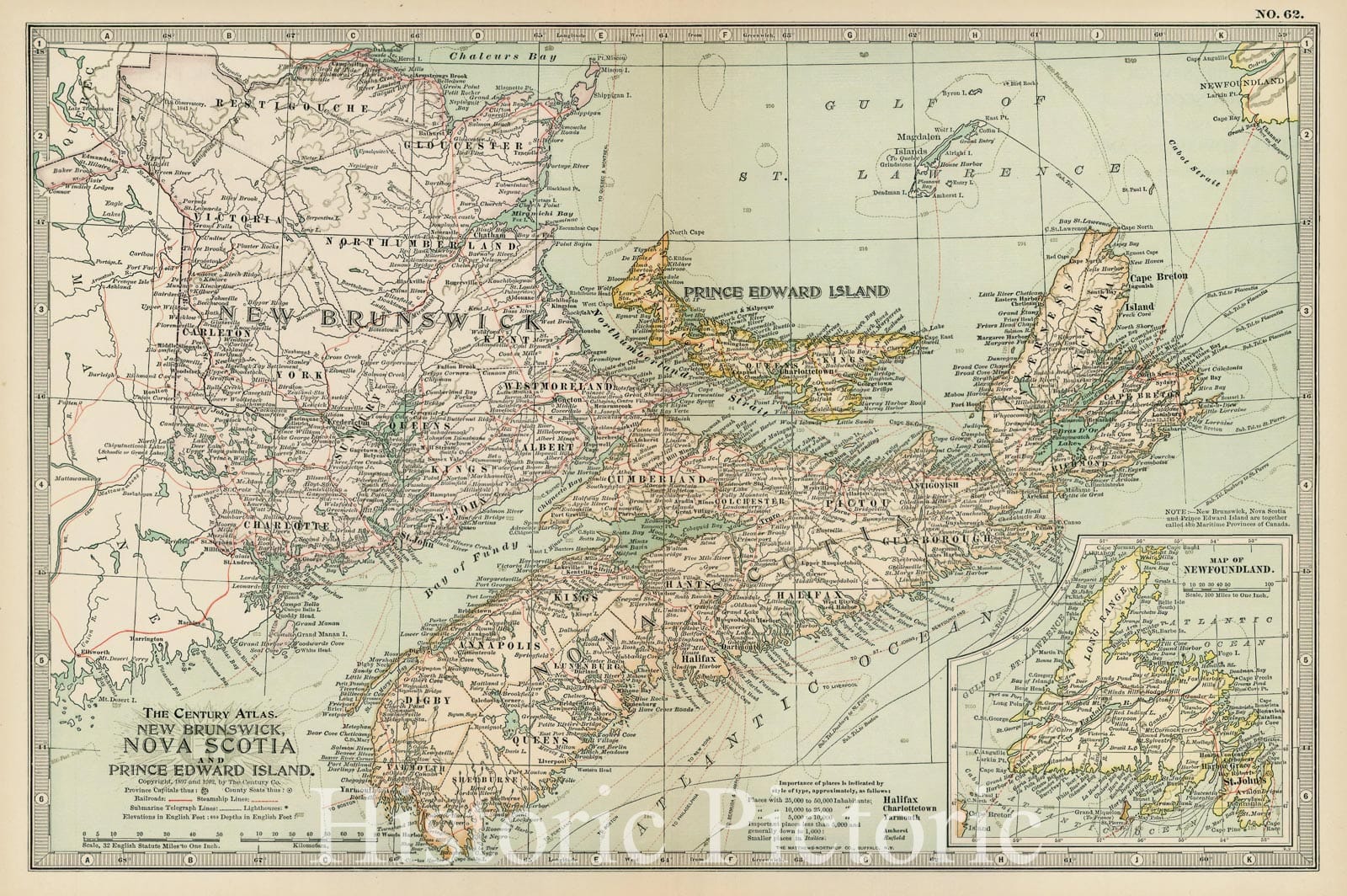Historic Map - New Brunswick, Nova Scotia, and Prince Edward Island, with Newfoundland, 1897, The Century Company - Vintage Wall Art