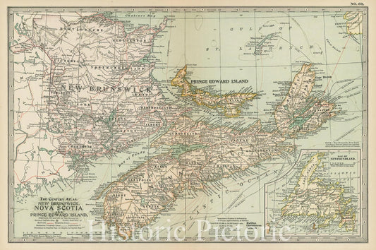 Historic Map - New Brunswick, Nova Scotia, and Prince Edward Island, with Newfoundland, 1897, The Century Company - Vintage Wall Art
