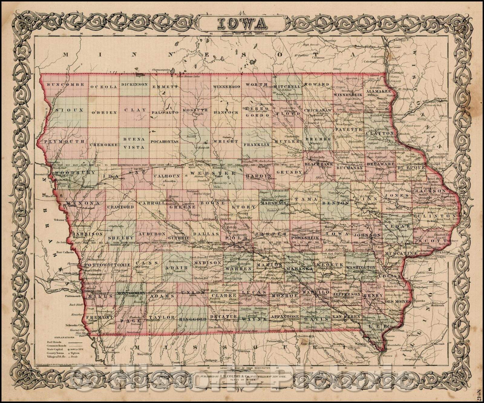 Historic Map - Iowa, 1855, Joseph Hutchins Colton - Vintage Wall Art