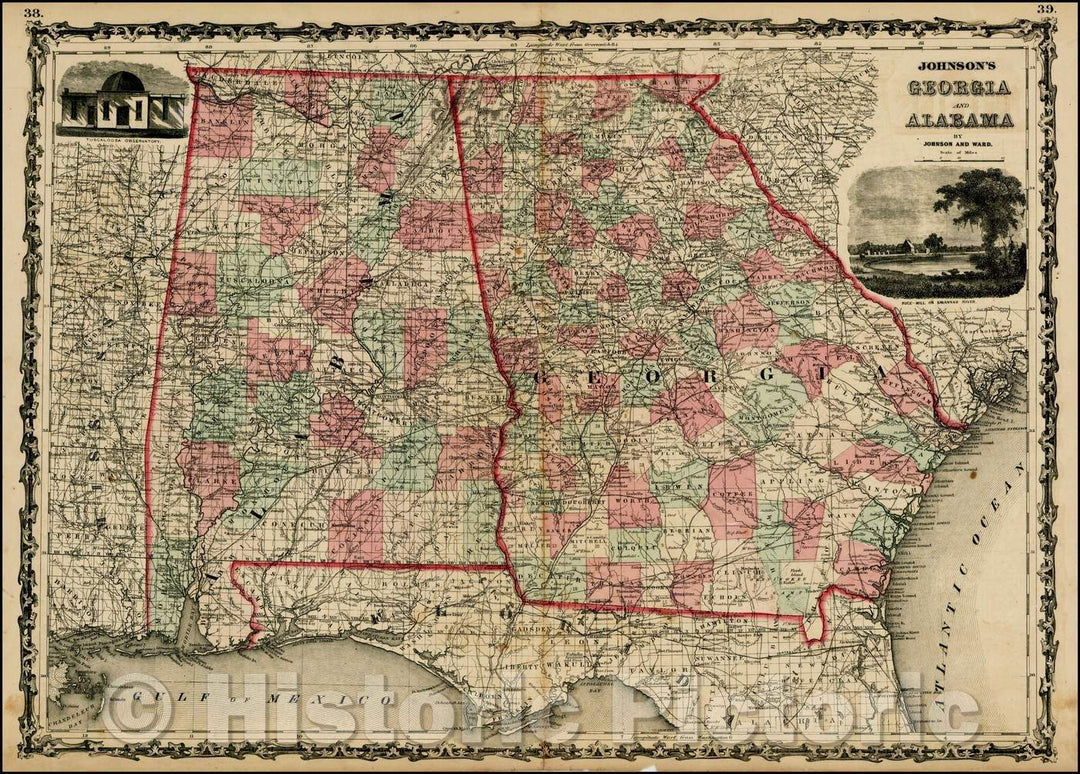 Historic Map - Johnson's Georgia and Alabama, 1864, Benjamin Ward - Vintage Wall Art