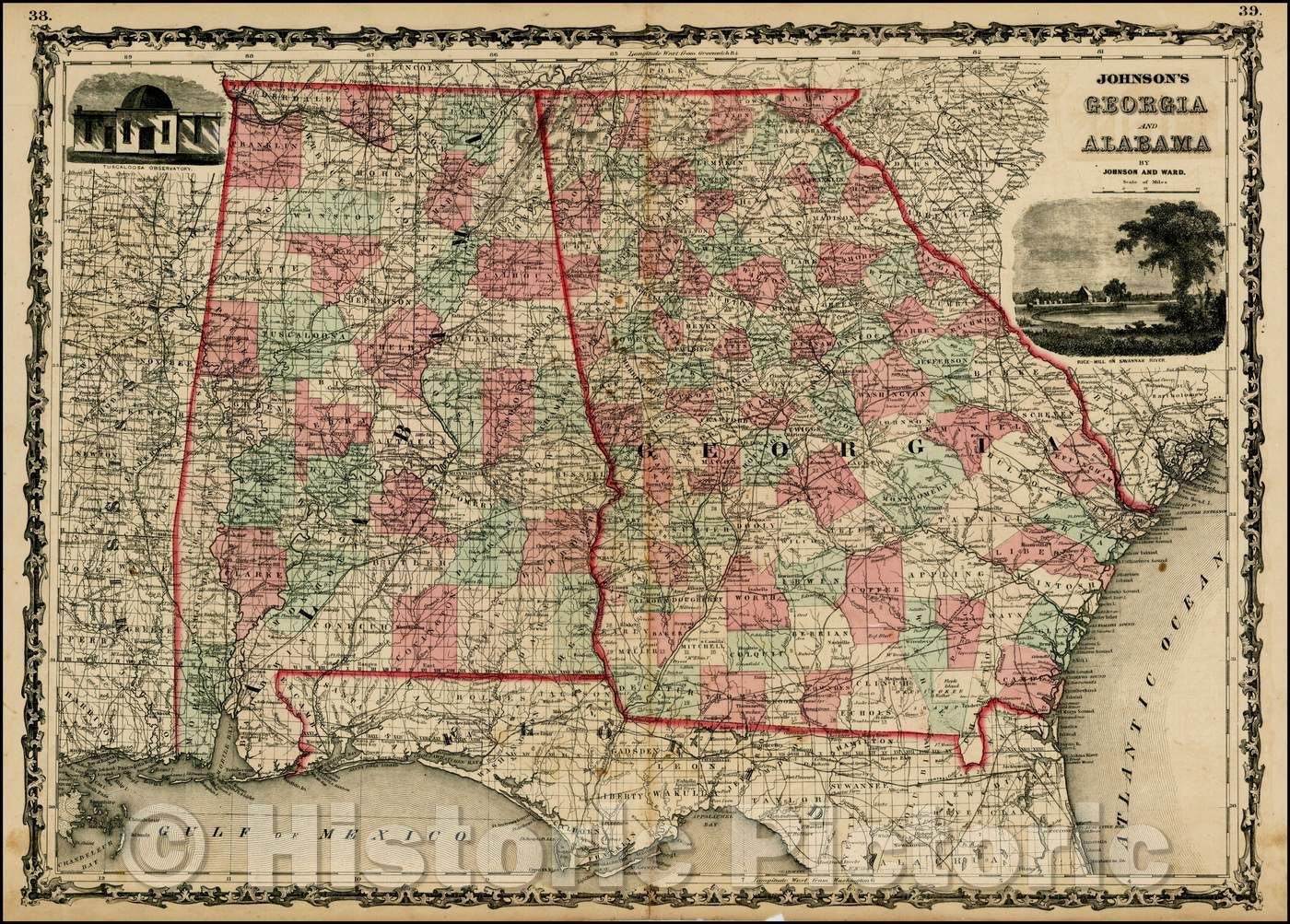 Historic Map - Johnson's Georgia and Alabama, 1864, Benjamin Ward - Vintage Wall Art