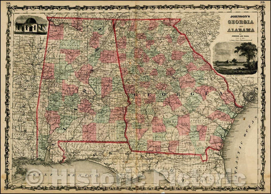 Historic Map - Johnson's Georgia and Alabama, 1864, Benjamin Ward - Vintage Wall Art