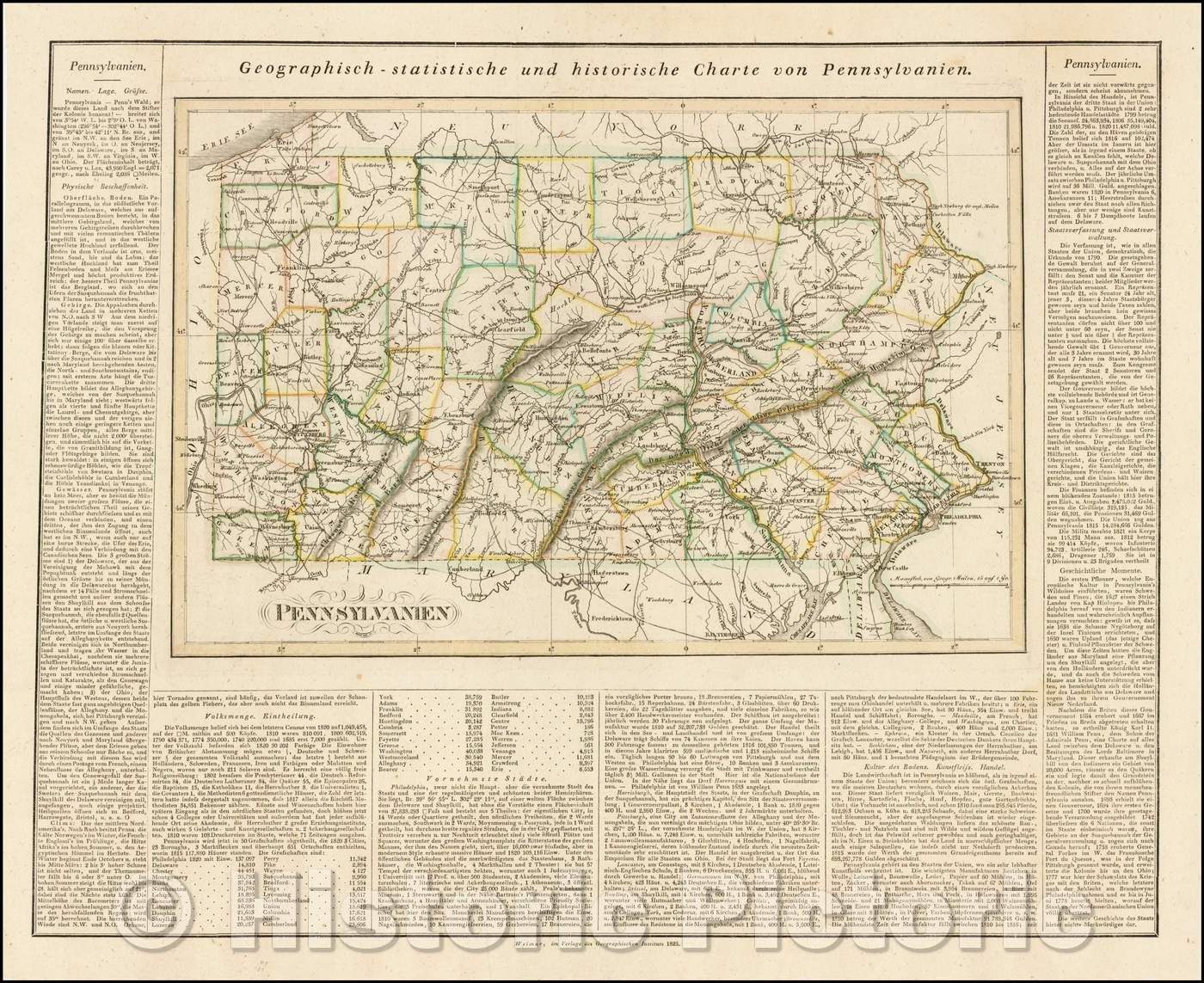 Historic Map - Geographisch-statistische und historische Charte von Pennsylvanien/German edition of Carey & Lea's Map of Pennsylvania, 1825 - Vintage Wall Art