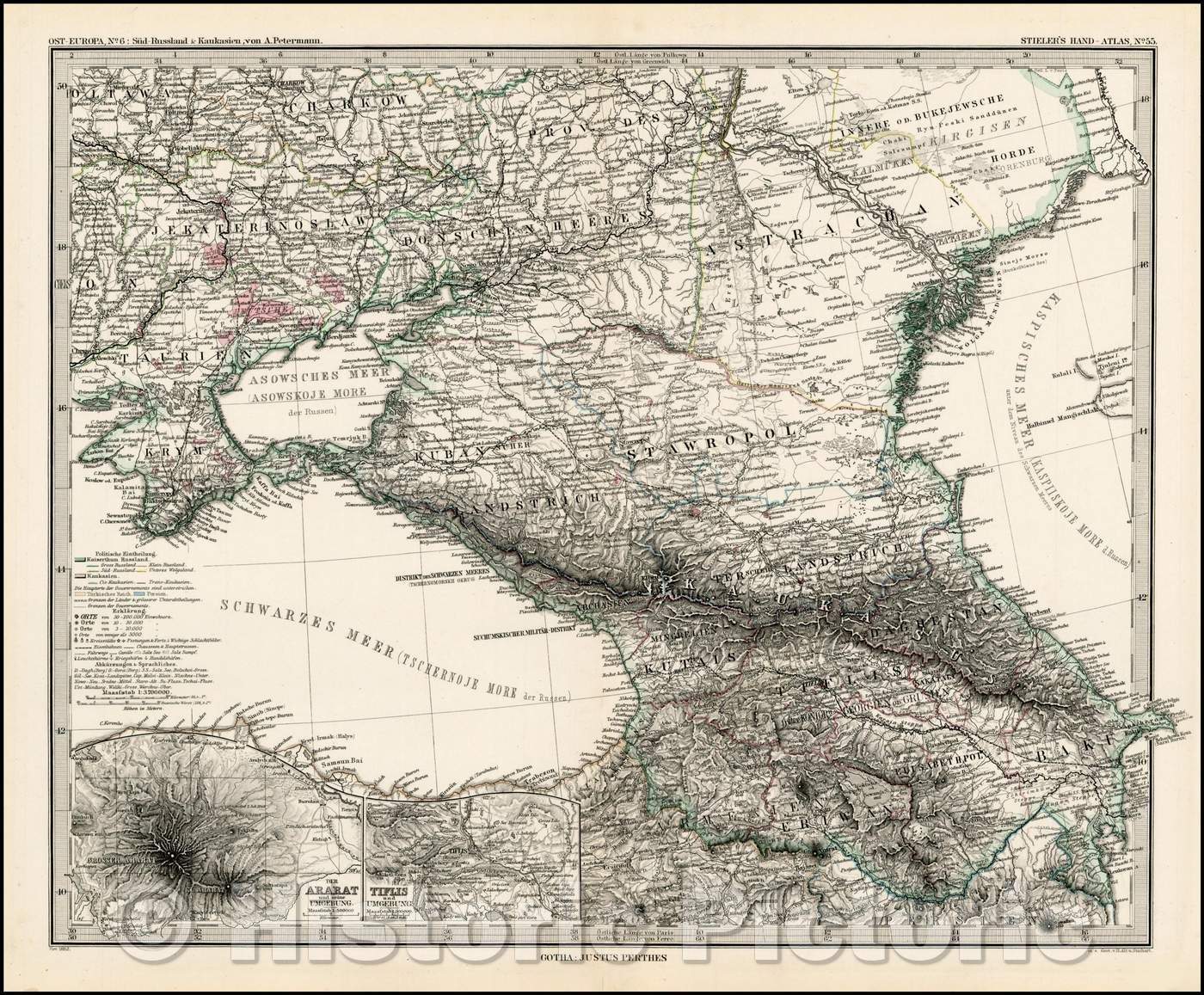 Historic Map - Ost-Europa: Sud Russland & Kankasien, 1879, Adolf Stieler - Vintage Wall Art