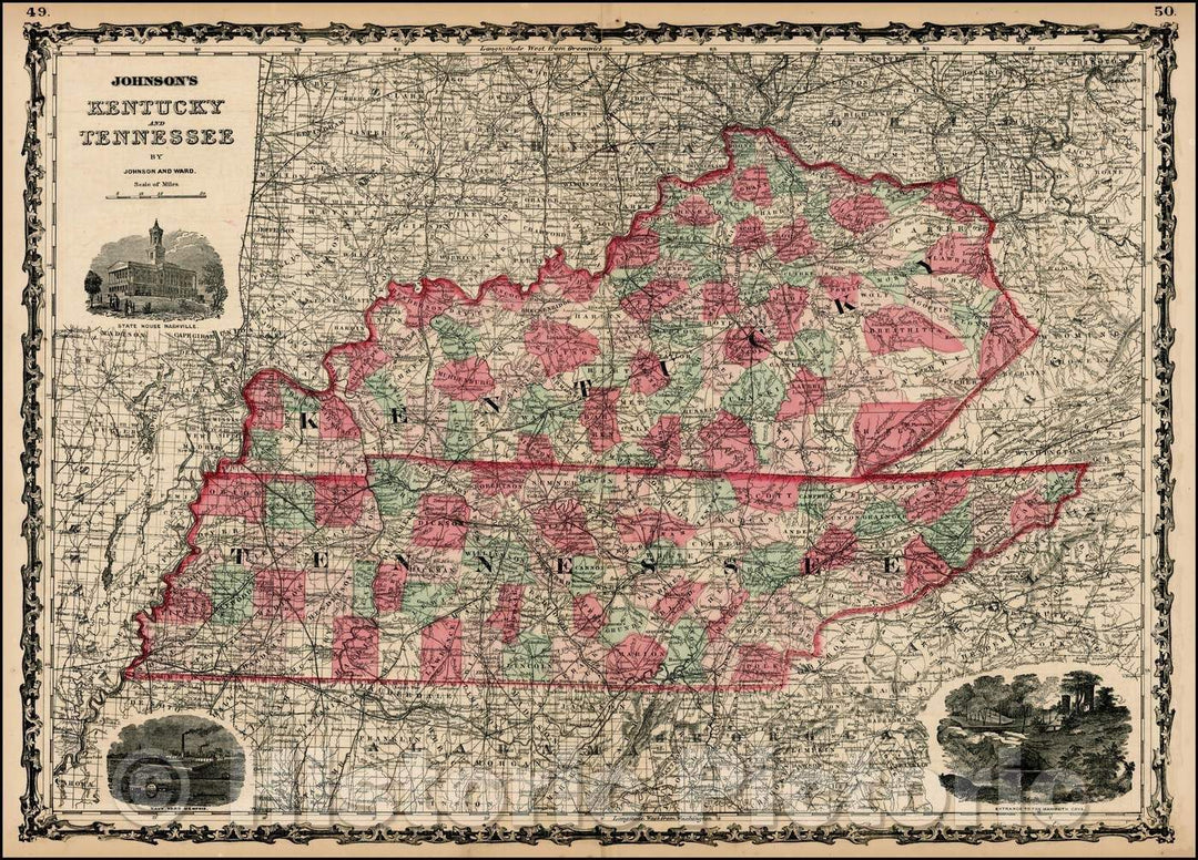 Historic Map - Johnson's Kentucky and Tennessee, 1863, Benjamin Ward - Vintage Wall Art