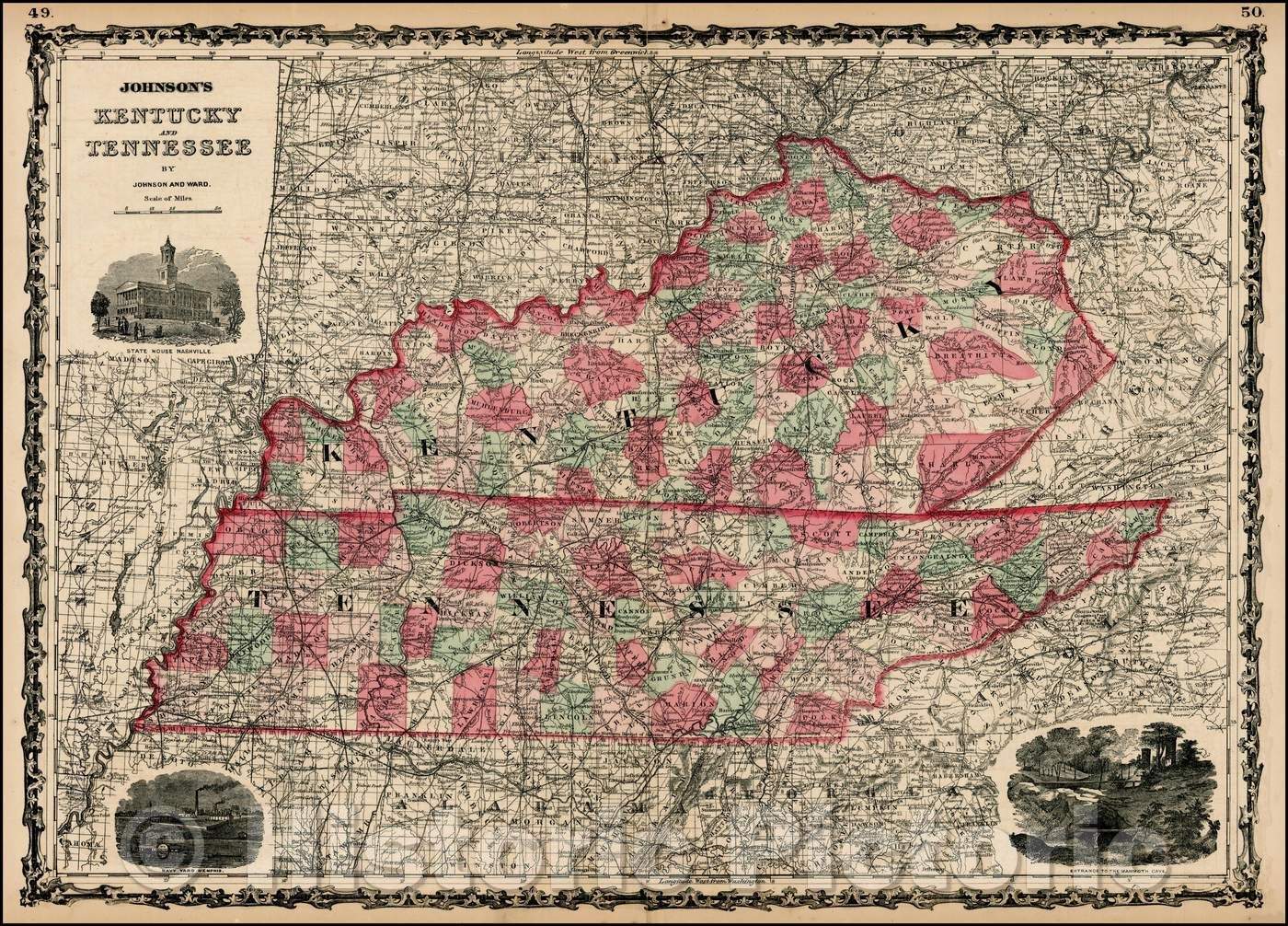 Historic Map - Johnson's Kentucky and Tennessee, 1863, Benjamin Ward - Vintage Wall Art