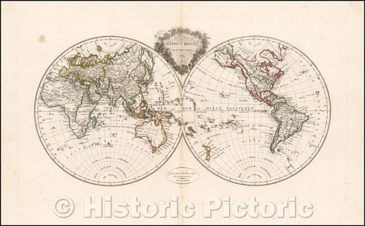 Historic Map - Mappe-Monde Par P. Lapie Geoghe. /Maps World By P. Lapie Geoghe. 1809, 1812, Conrad Malte-Brun - Vintage Wall Art