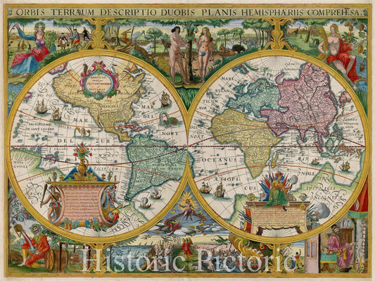 Historic Map - Orbis Terrarum Descriptio Duobis Planis Hemisphaeriis Comprehesa/Double hemisphere Map of the World, 1618, Nicholas Van Geelkercken - Vintage Wall Art
