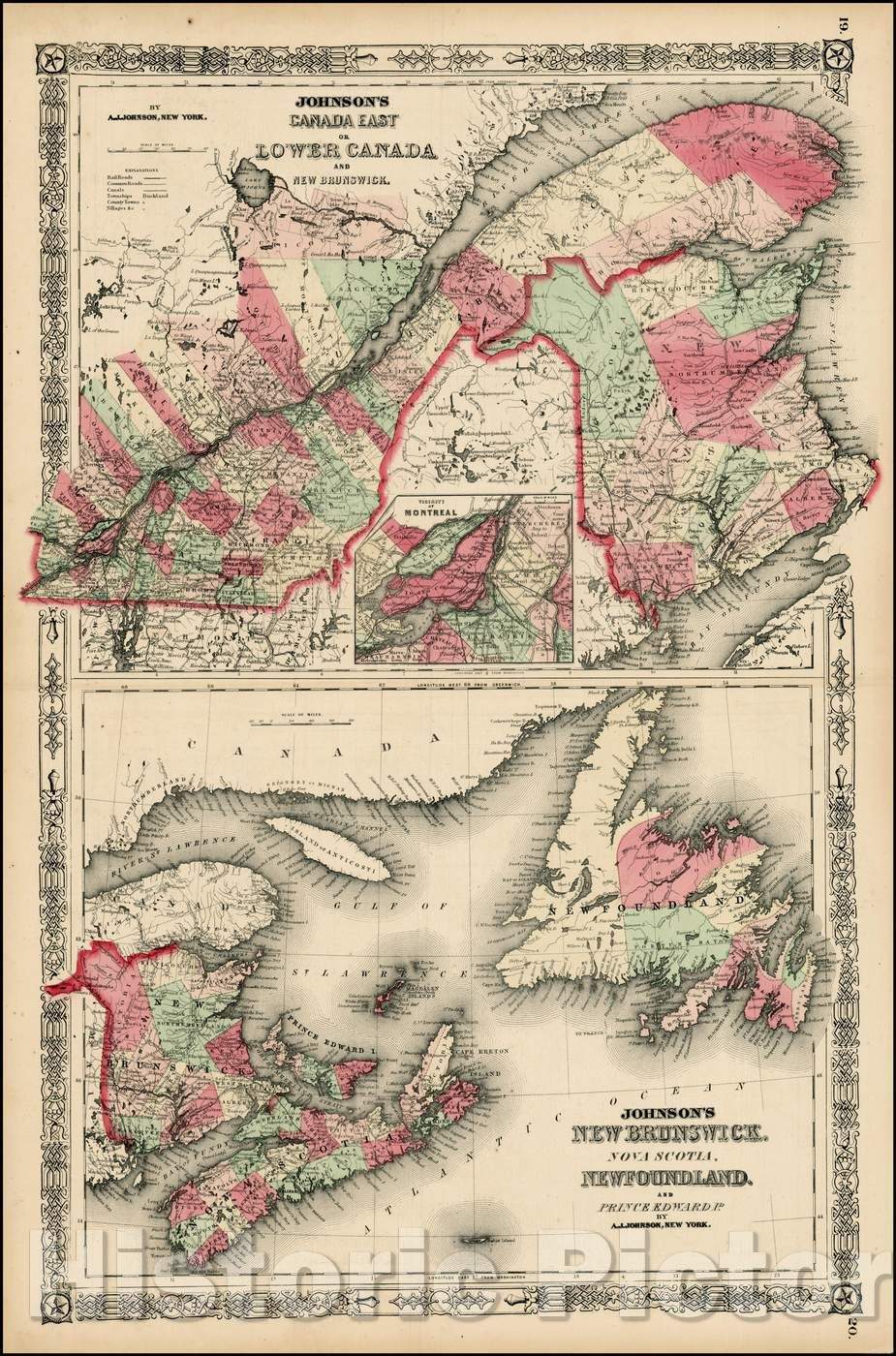 Historic Map - Johnson's Lower Canada and New Brunswick and Upper Canada, 1865, Benjamin Ward - Vintage Wall Art