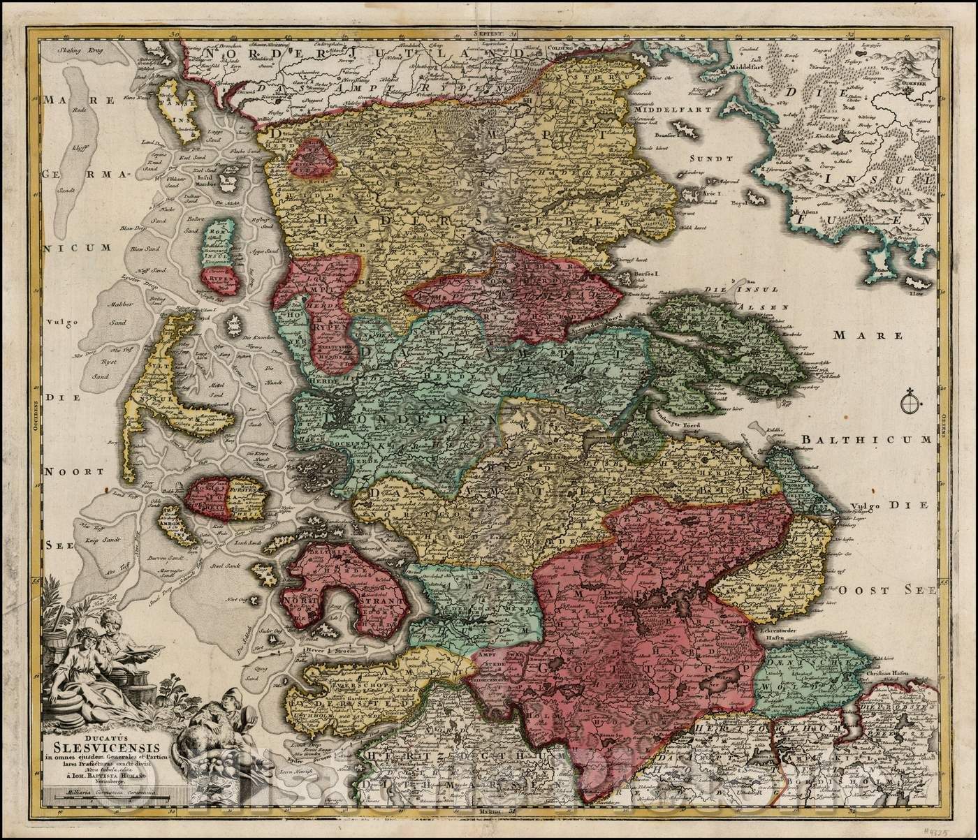 Historic Map - Ducatus Slesvicensis in omnes ejusdem Generales et Particulares Praefectruras exacte divisi Nona tabula, 1710, Johann Baptist Homann - Vintage Wall Art