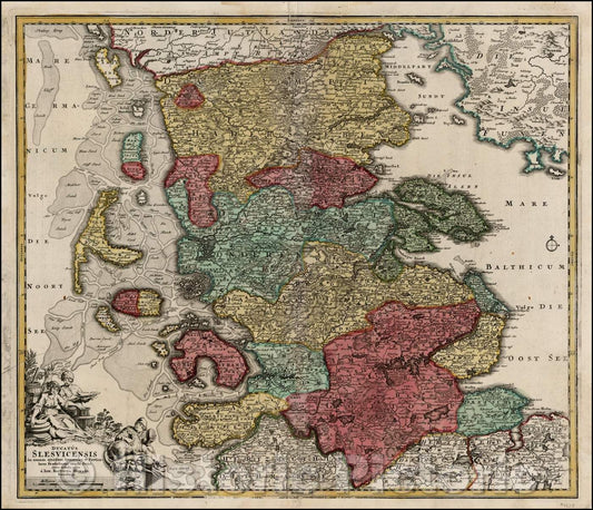 Historic Map - Ducatus Slesvicensis in omnes ejusdem Generales et Particulares Praefectruras exacte divisi Nona tabula, 1710, Johann Baptist Homann - Vintage Wall Art