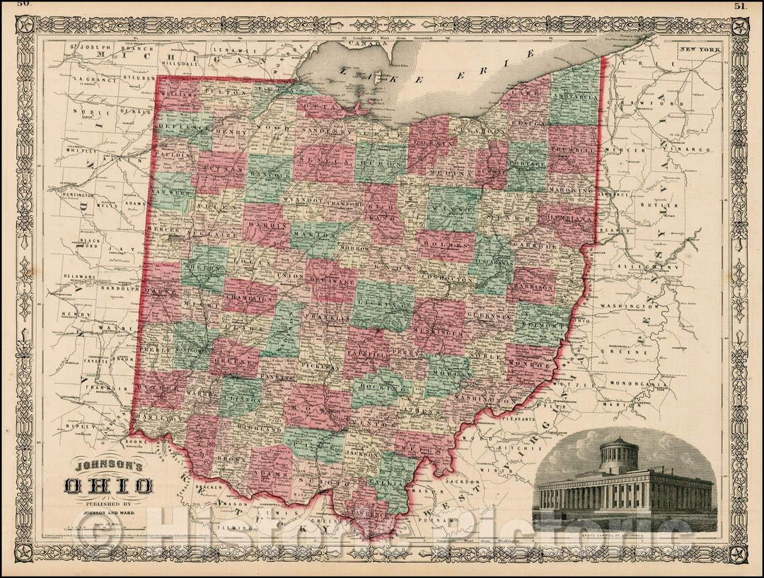 Historic Map - Johnson's Ohio, 1864, Benjamin Ward - Vintage Wall Art