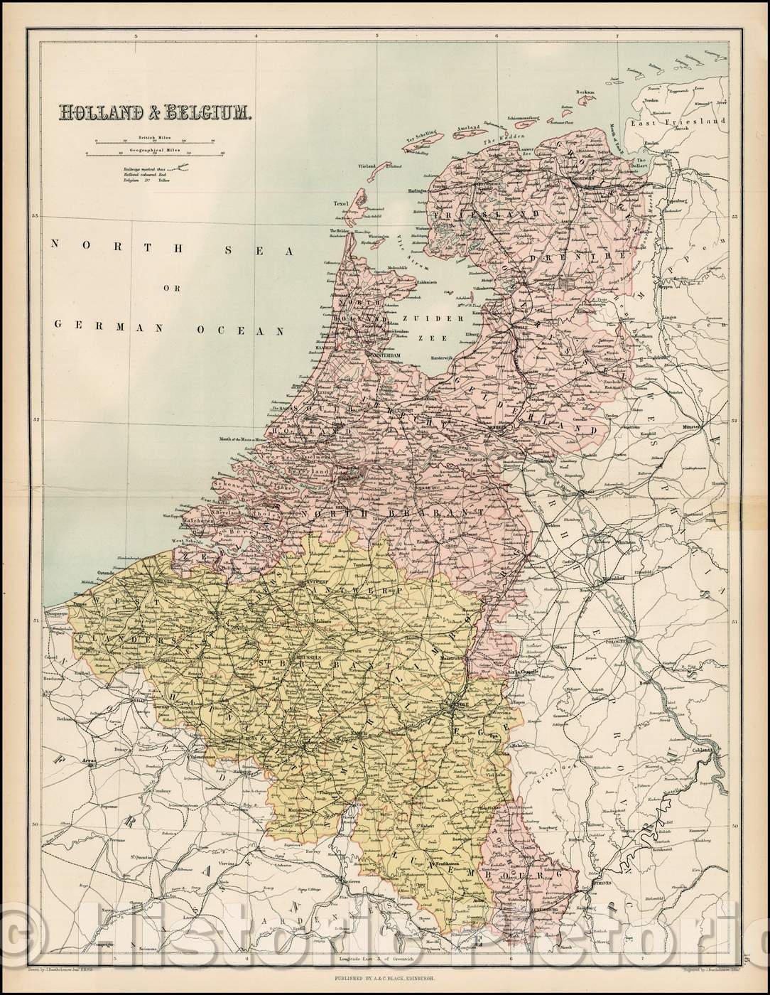 Historic Map - Holland & Belgium, 1869, Adam & Charles Black - Vintage Wall Art