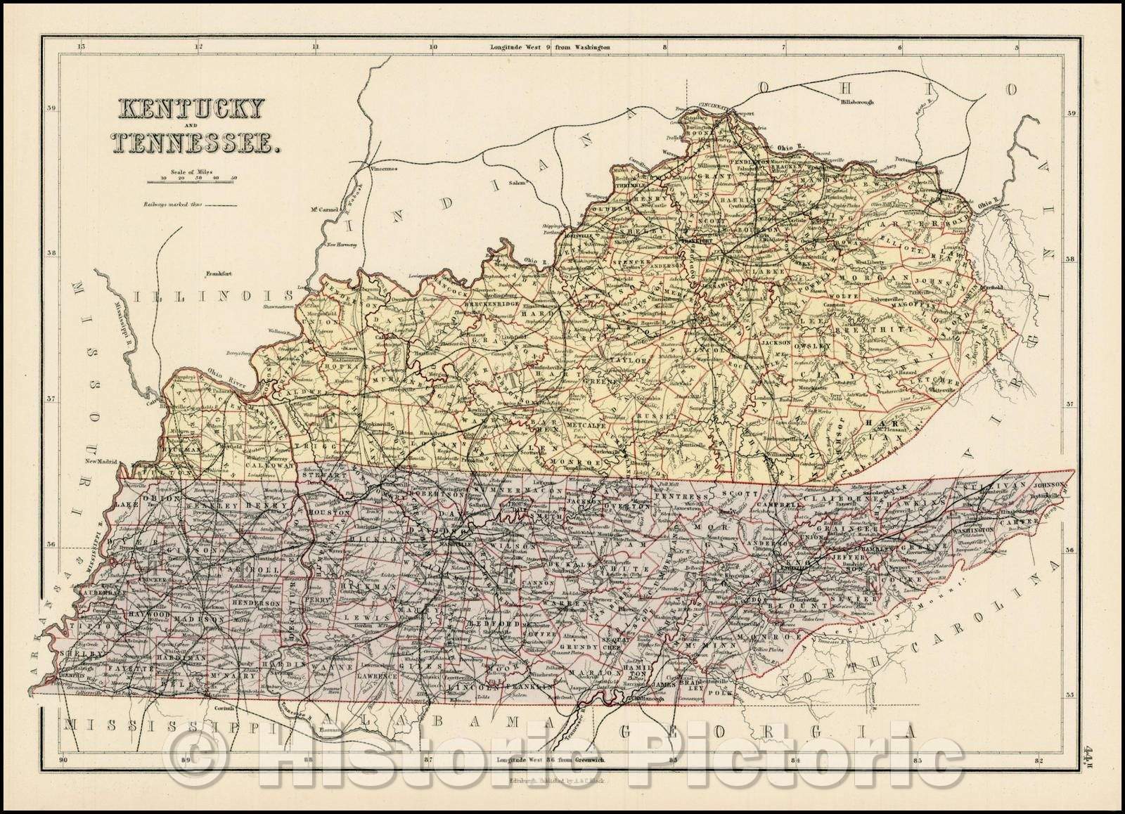 Historic Map - Kentucky and Tennessee, 1869, Adam & Charles Black - Vintage Wall Art