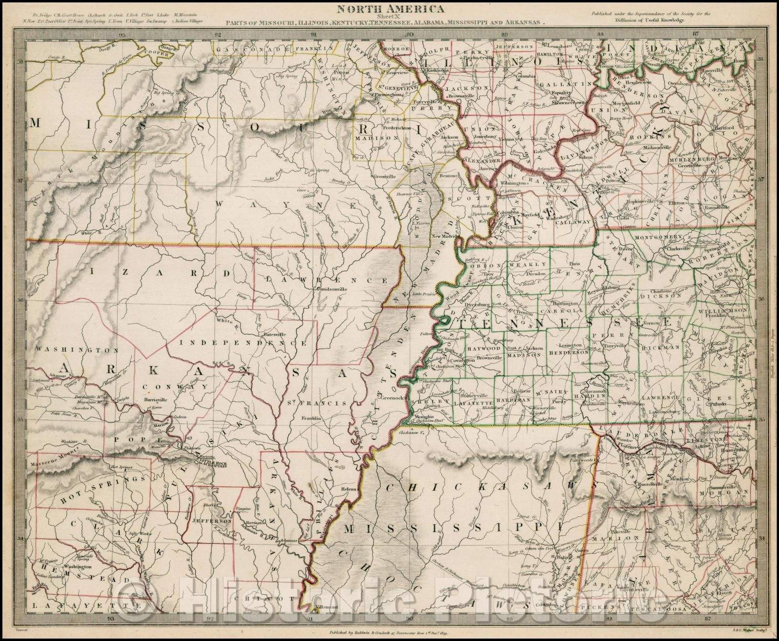 Historic Map - North America Sheet X Parts of Missouri, Illinois, Kentucky, Tennessee, Alabama, Mississippi and Arkansas, 1833, SDUK v1