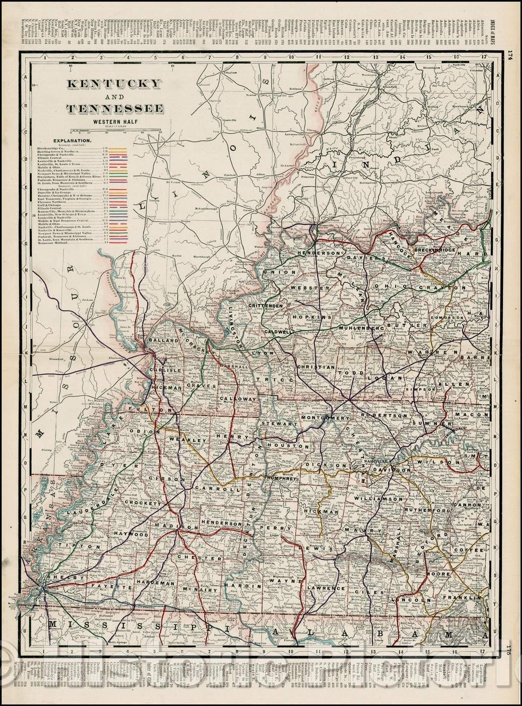 Historic Map - Kentucky and Tennessee, Western Half, 1899, George F. Cram - Vintage Wall Art