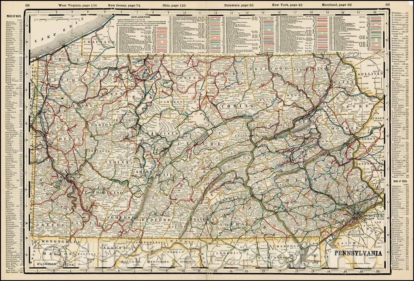 Historic Map - Pennsylvania, 1899, George F. Cram - Vintage Wall Art
