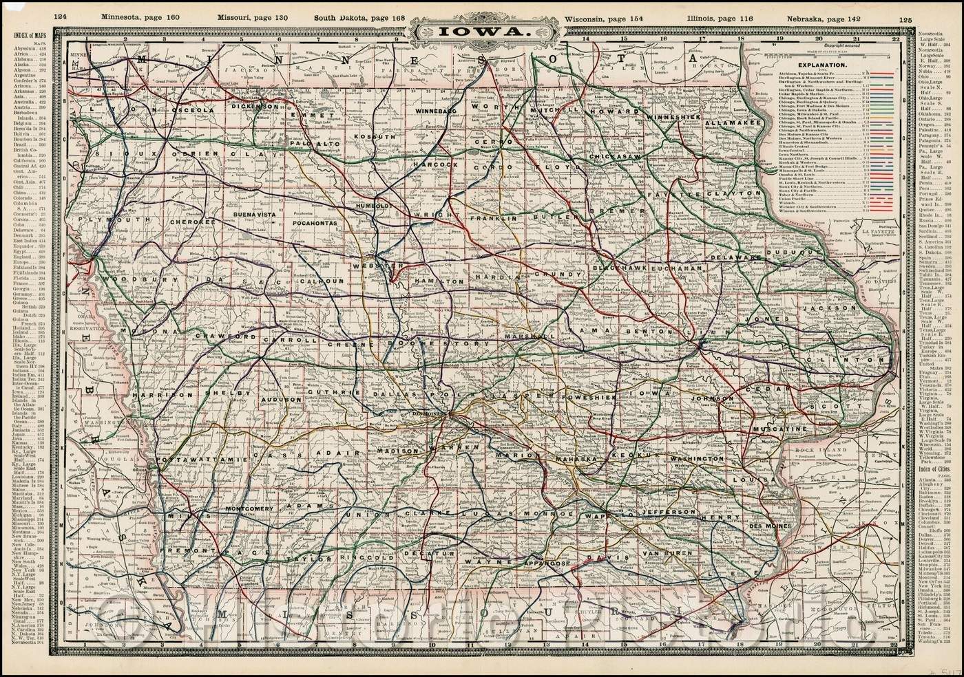 Historic Map - Iowa, 1899, George F. Cram - Vintage Wall Art