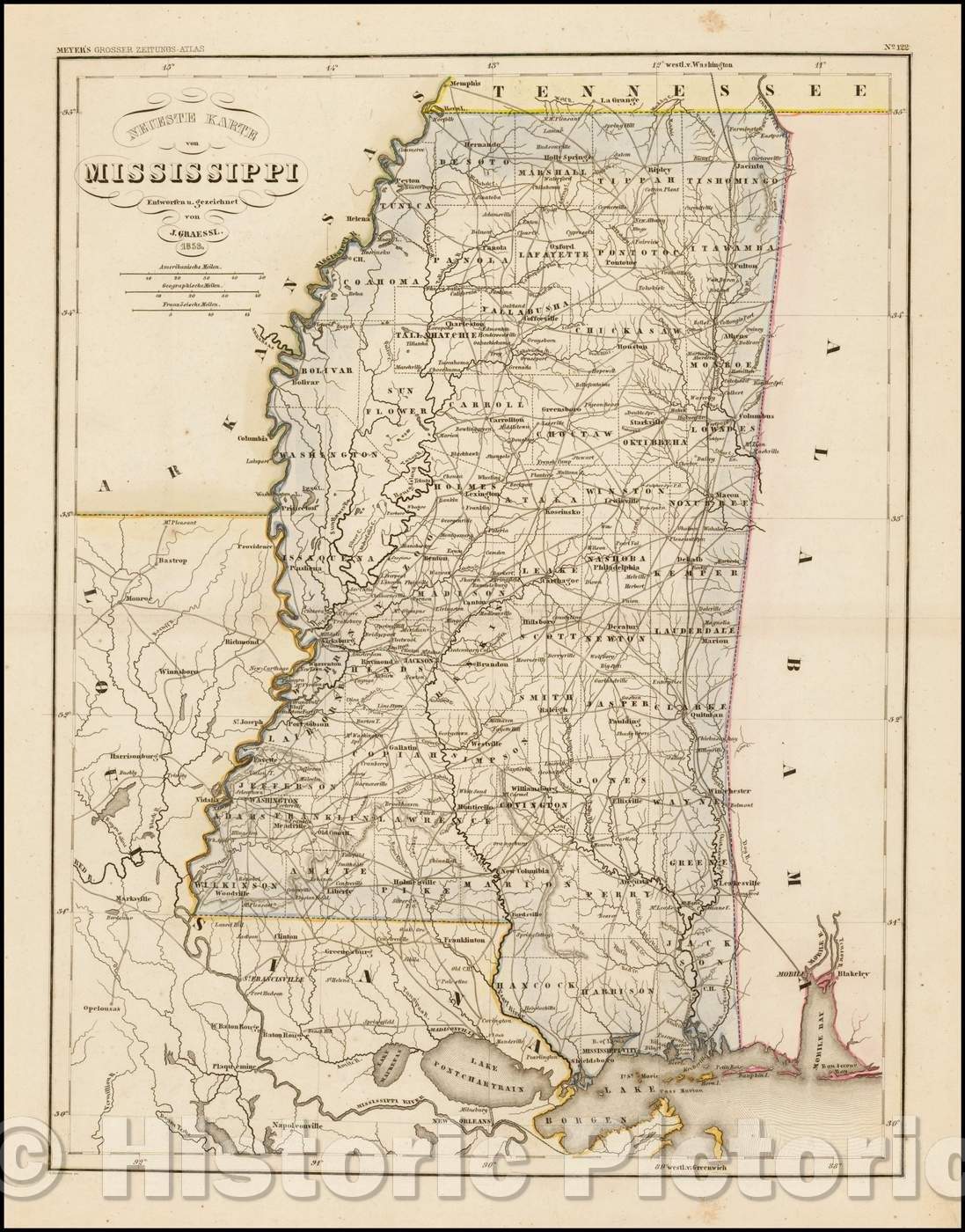 Historic Map - Neueste Karte von Mississippi/Map of Mississippi, 1853, Joseph Meyer - Vintage Wall Art
