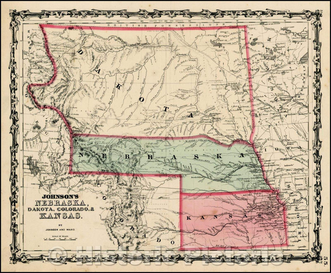 Historic Map - Johnson's Nebraska, Dakota, Colorado & Kansas, 1862, Benjamin Ward - Vintage Wall Art