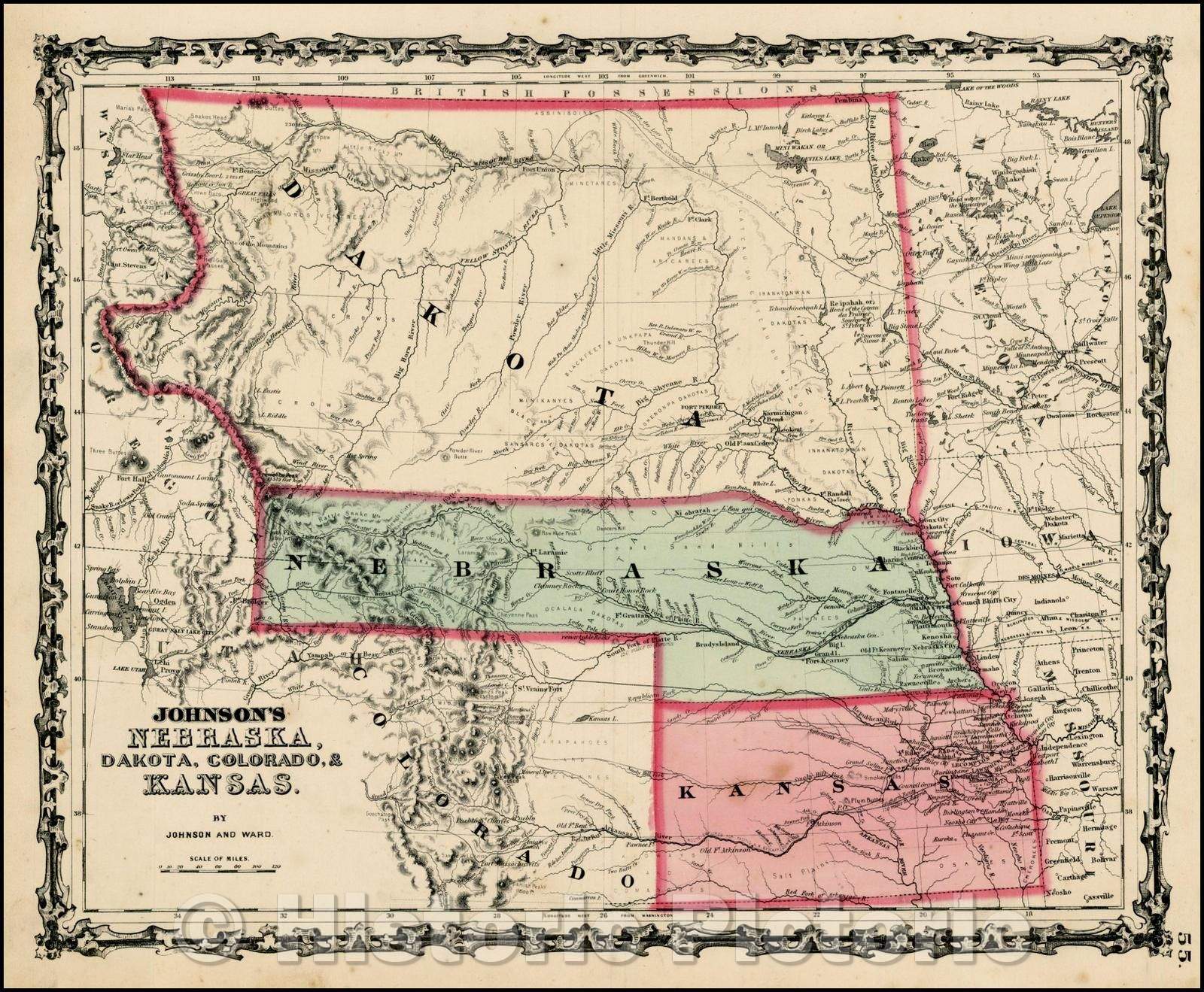 Historic Map - Johnson's Nebraska, Dakota, Colorado & Kansas, 1862, Benjamin Ward - Vintage Wall Art