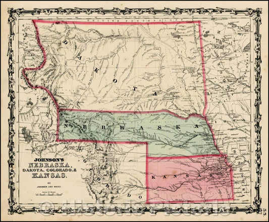 Historic Map - Johnson's Nebraska, Dakota, Colorado & Kansas, 1862, Benjamin Ward - Vintage Wall Art