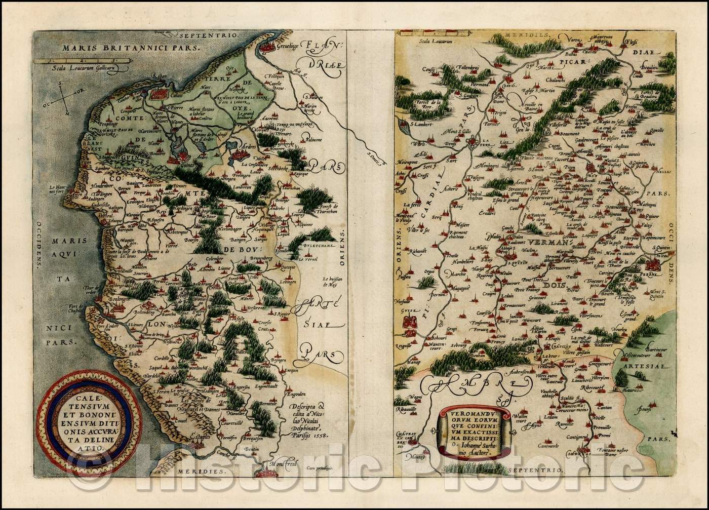 Historic Map - Caletensium Et Bononiensium Ditionis Accurata Delineatio with Veromanduorum Eorum Que Confinium Exactissima Descriptio, 1584, Abraham Ortelius - Vintage Wall Art