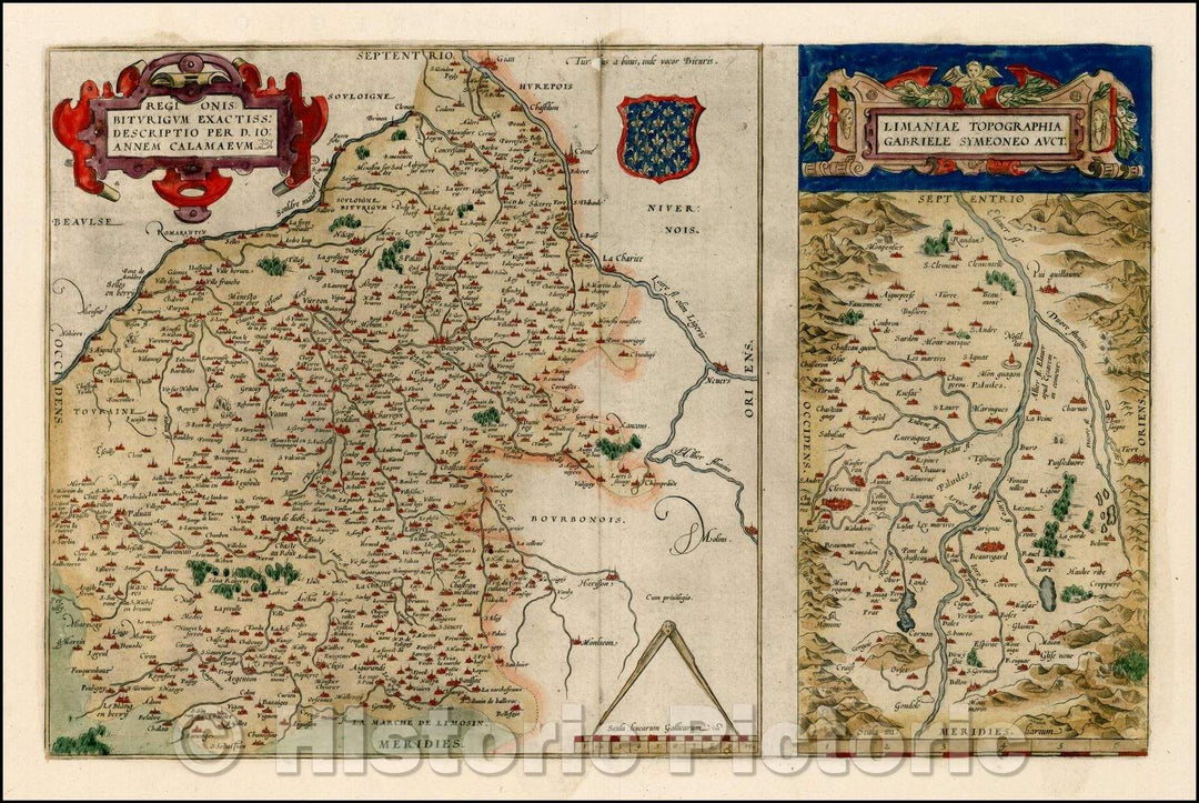 Historic Map - Regionis Biturigum Exactiss Descriptio [with] Limaniae Topgraphia :: Regional Maps by Ortelius. Soudre Maior River, Bourges, Elneur River, 1584 - Vintage Wall Art