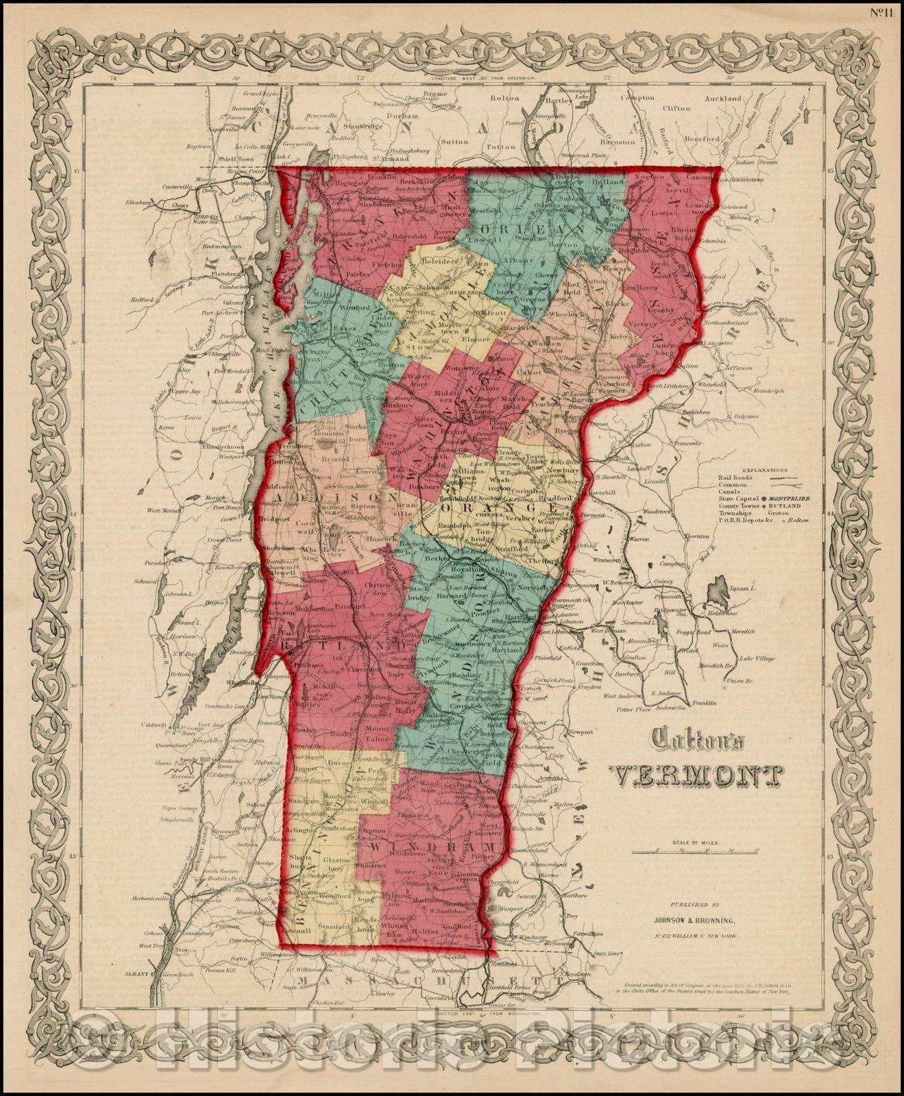 Historic Map - Colton's Vermont, 1859, Joseph Hutchins Colton - Vintage Wall Art