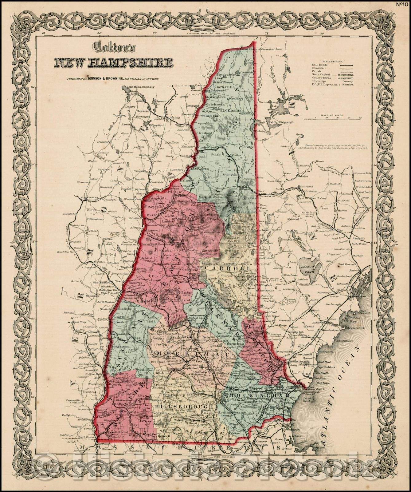 Historic Map - Colton's New Hampshire, 1859, Joseph Hutchins Colton - Vintage Wall Art