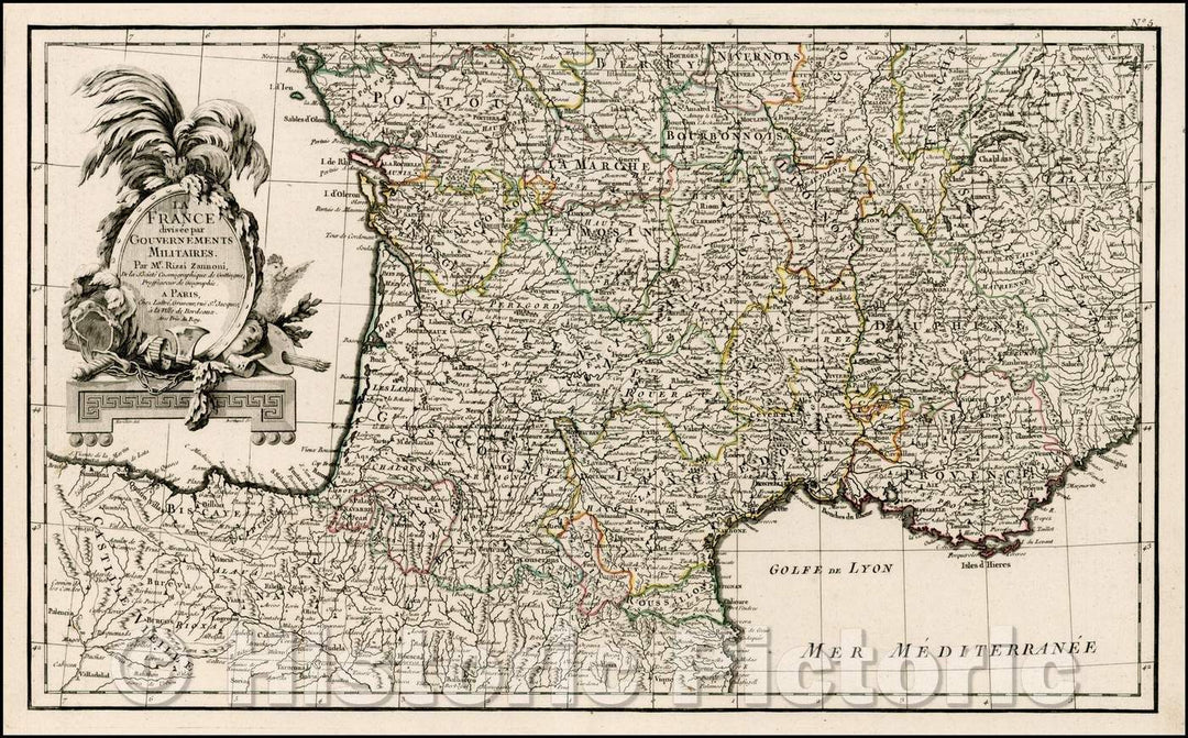 Historic Map - La France divisee par Gouvernements Militaires/Map of Southern France and the Gulf of Lyon, 1783, Giovanni Antonio Rizzi-Zannoni - Vintage Wall Art