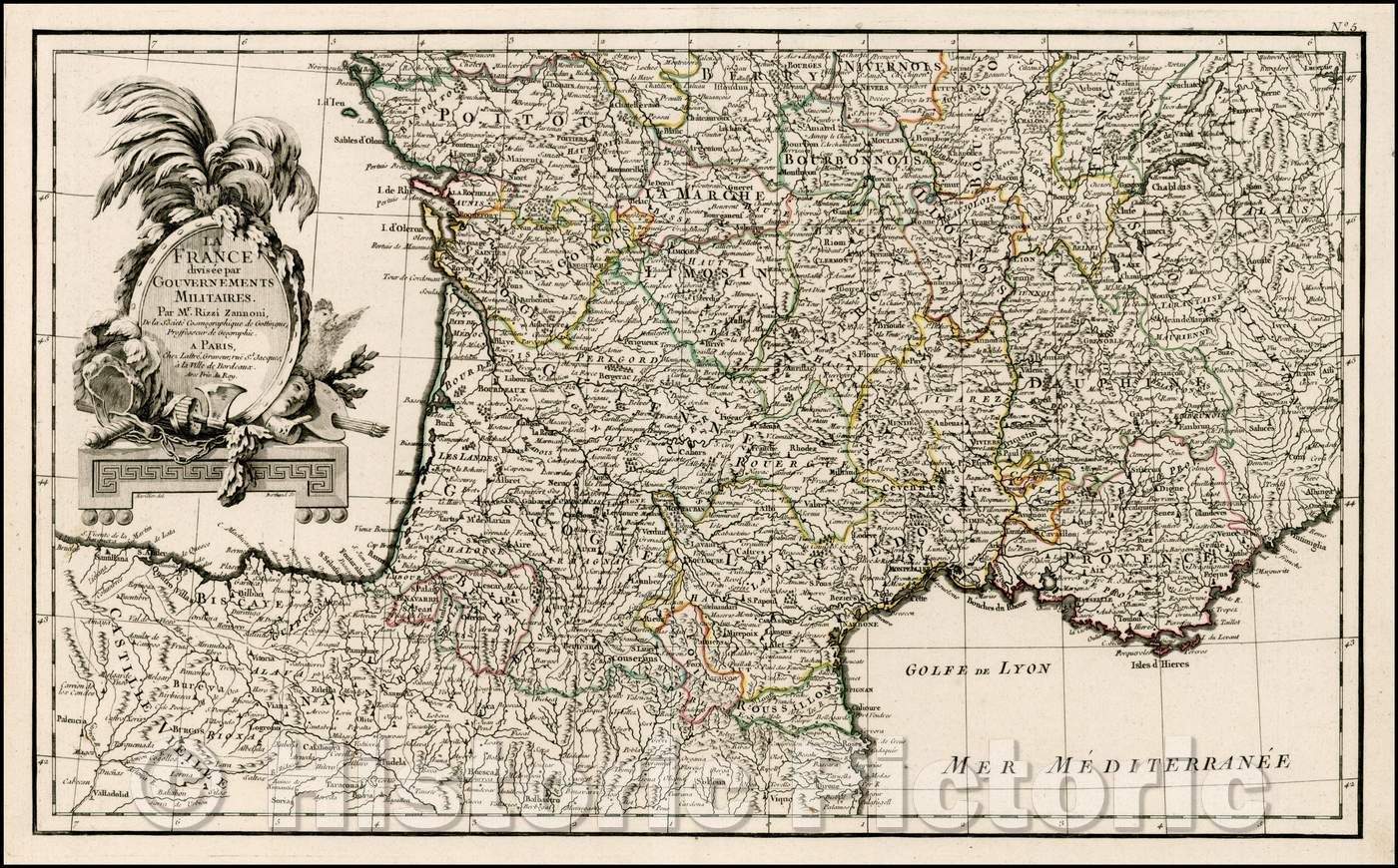 Historic Map - La France divisee par Gouvernements Militaires/Map of Southern France and the Gulf of Lyon, 1783, Giovanni Antonio Rizzi-Zannoni - Vintage Wall Art
