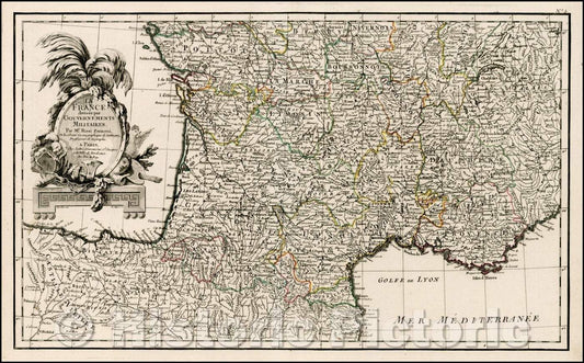 Historic Map - La France divisee par Gouvernements Militaires/Map of Southern France and the Gulf of Lyon, 1783, Giovanni Antonio Rizzi-Zannoni - Vintage Wall Art
