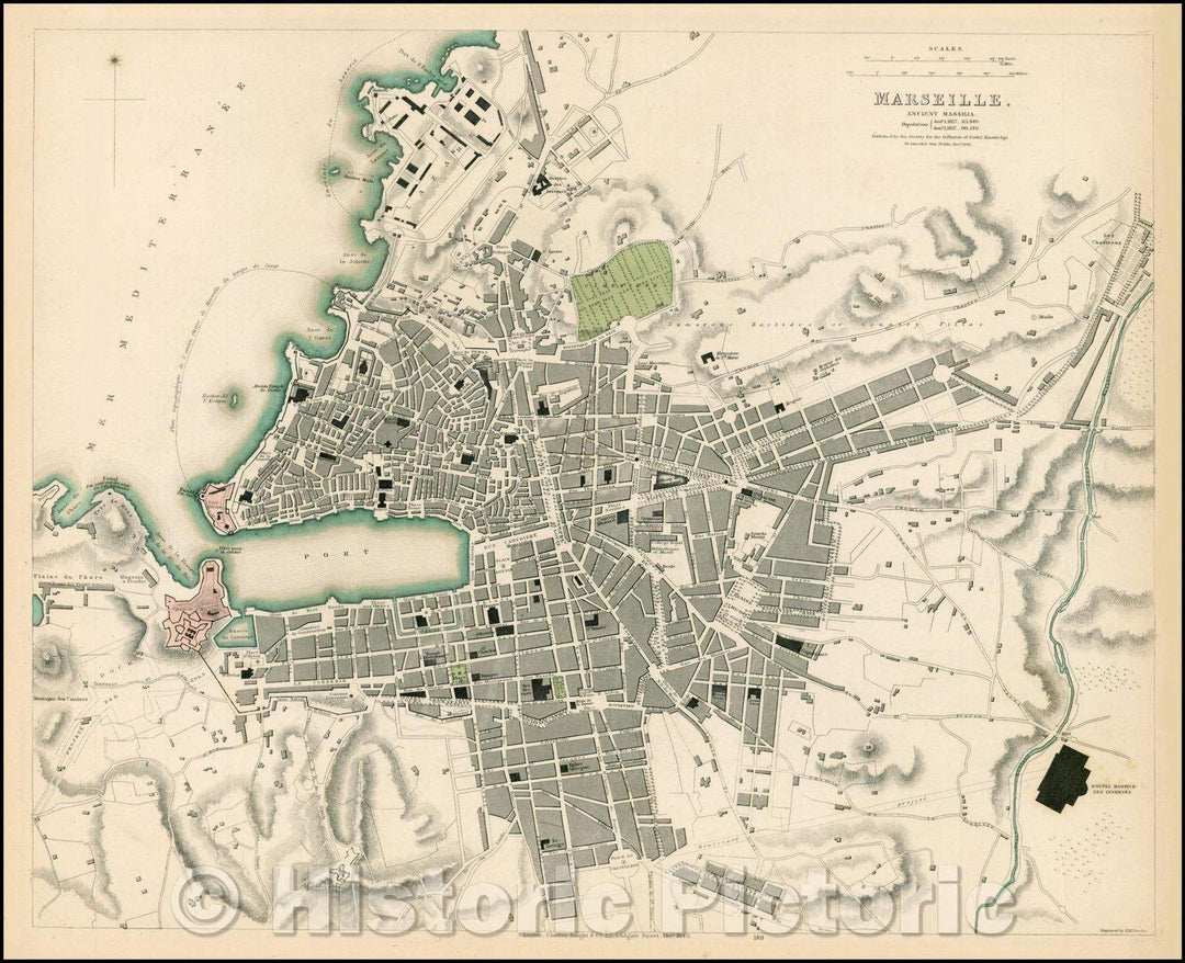 Historic Map - Marseille, France, 1850, SDUK - Vintage Wall Art