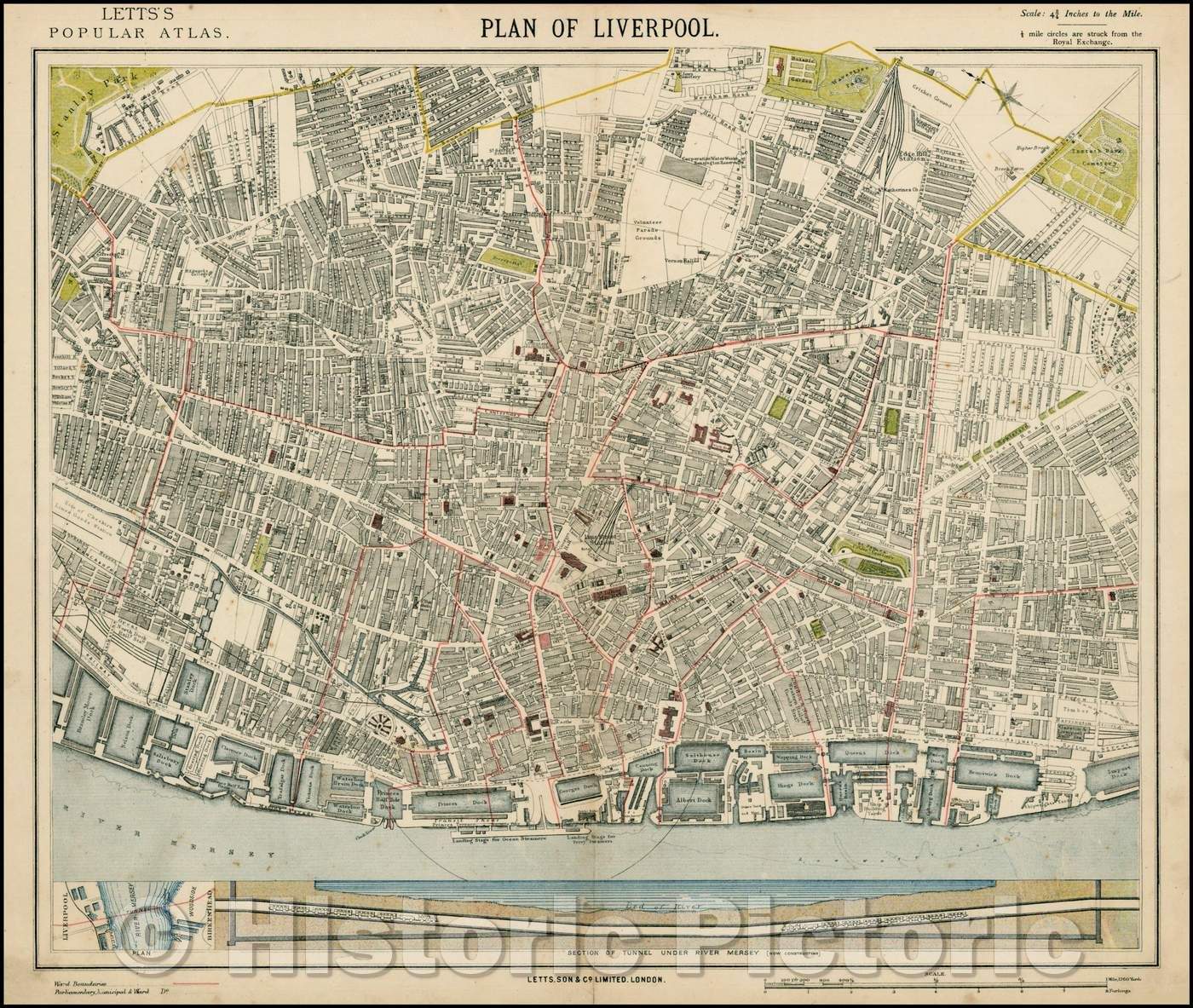 Historic Map - Plan of Liverpool, 1875, Letts & Son - Vintage Wall Art