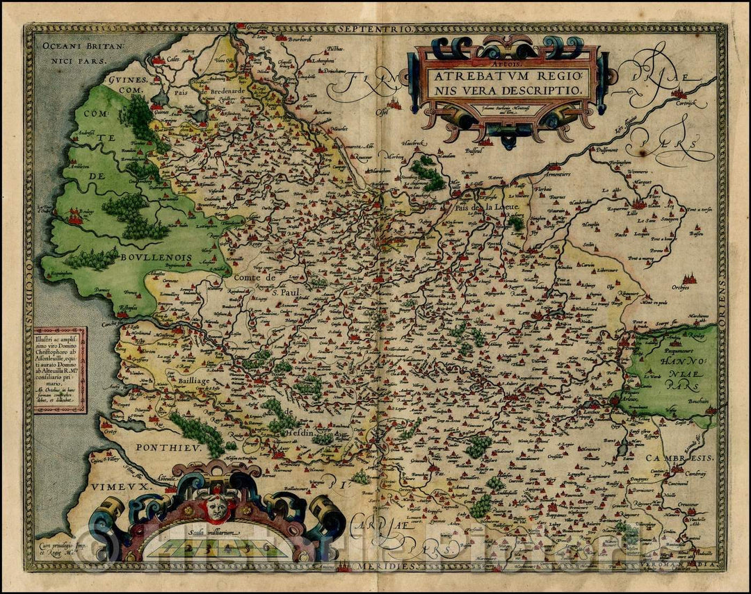 Historic Map - Atrebatum Regionis Vera Descriptio/Regional Map of France, extending from Abbeville Auxy and Cambray to Lille and Cales, 1584, Abraham Ortelius - Vintage Wall Art