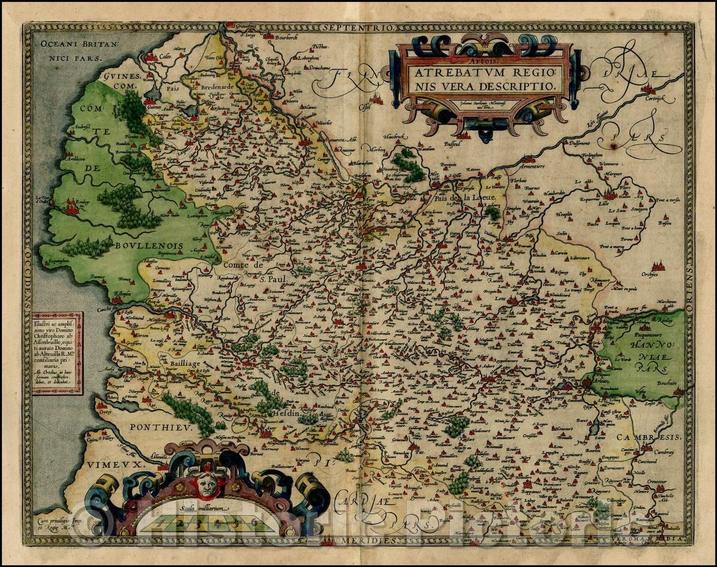Historic Map - Atrebatum Regionis Vera Descriptio/Regional Map of France, extending from Abbeville Auxy and Cambray to Lille and Cales, 1584, Abraham Ortelius - Vintage Wall Art