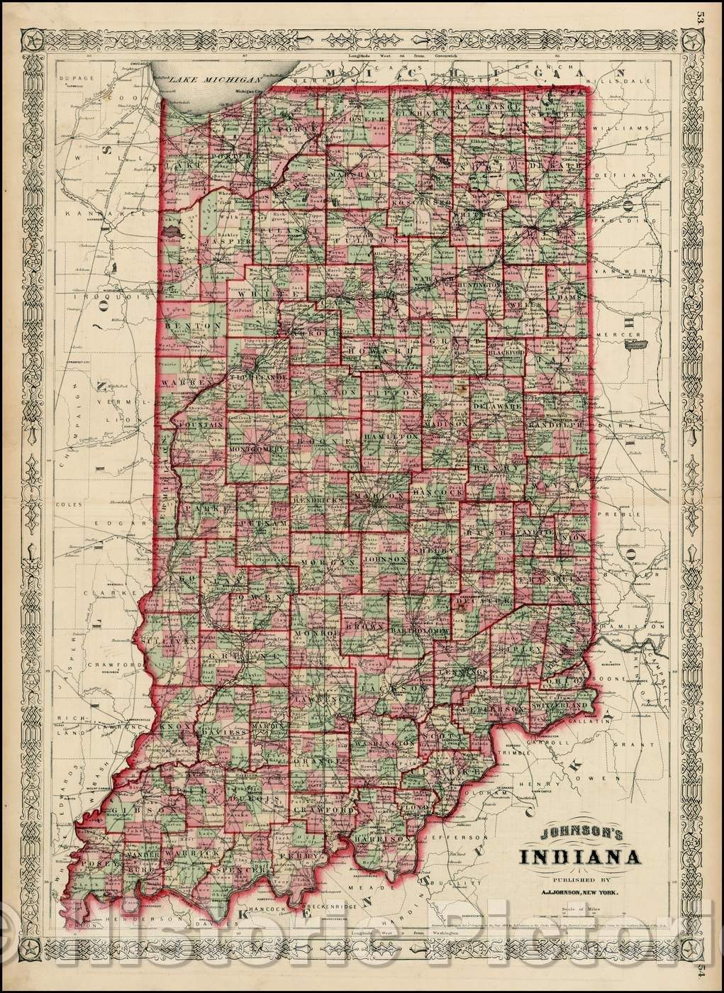 Historic Map - Johnson's Indiana, 1864, Benjamin Ward - Vintage Wall Art