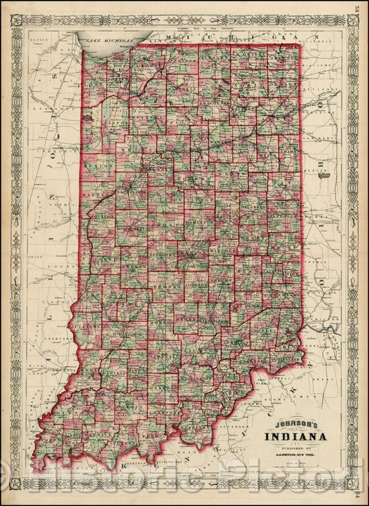 Historic Map - Johnson's Indiana, 1864, Benjamin Ward - Vintage Wall Art
