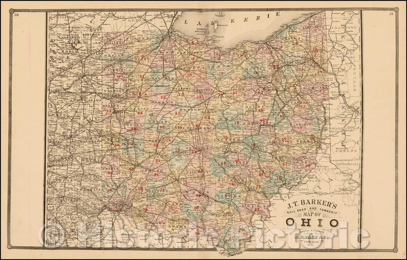 Historic Map - J.T. Barker's Railroad and Township Map of Ohio, 1887, H.R. Page - Vintage Wall Art