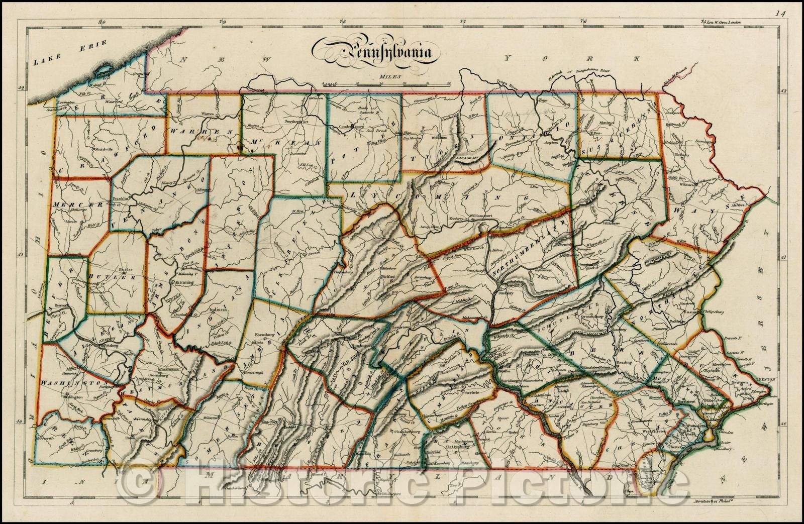 Historic Map - Pennsylvania, 1814, Mathew Carey - Vintage Wall Art