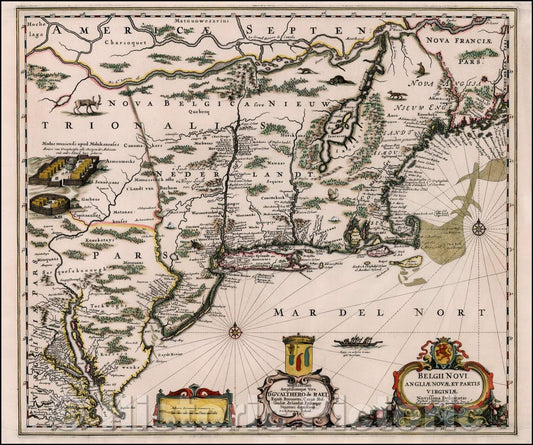Historic Map - Belgii Novi Angliae Novae, et partis Virginiae Novissima Delineatio, 1651, Peter Schenk - Vintage Wall Art
