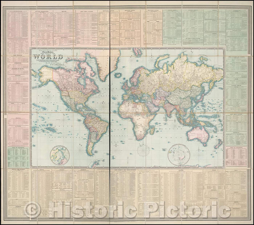 Historic Map - This Map of the World on Mercator's Projection, 1845, J & C Walker - Vintage Wall Art